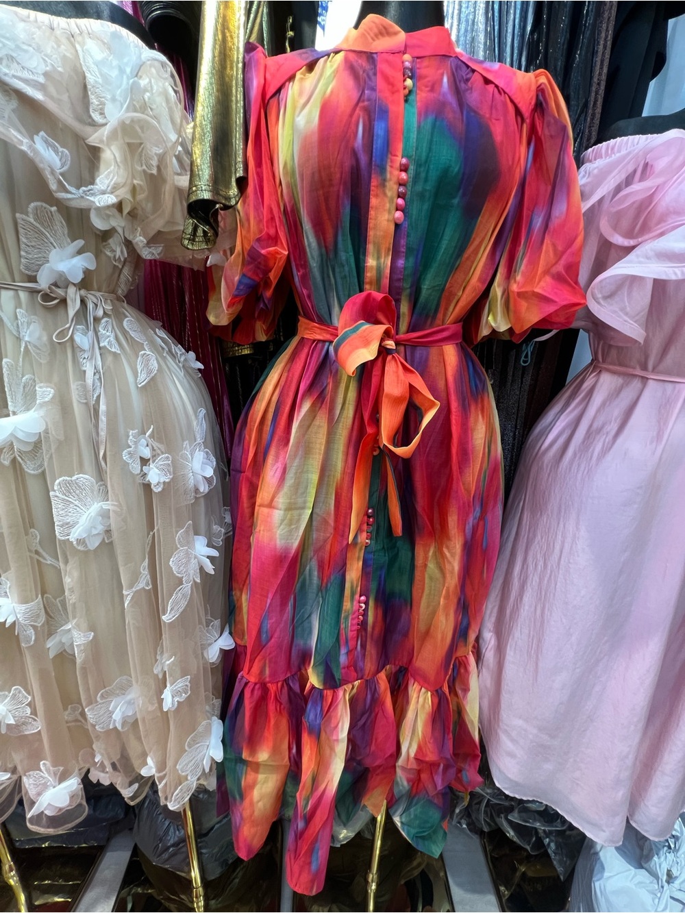 Vibrant Multi-Color Tie-Waist Midi Dress